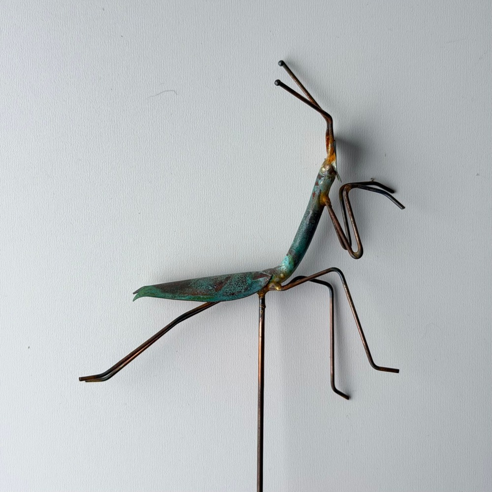 Vintage Praying Mantis Small Metal Garden Sculpture Stake Copper Art 5"